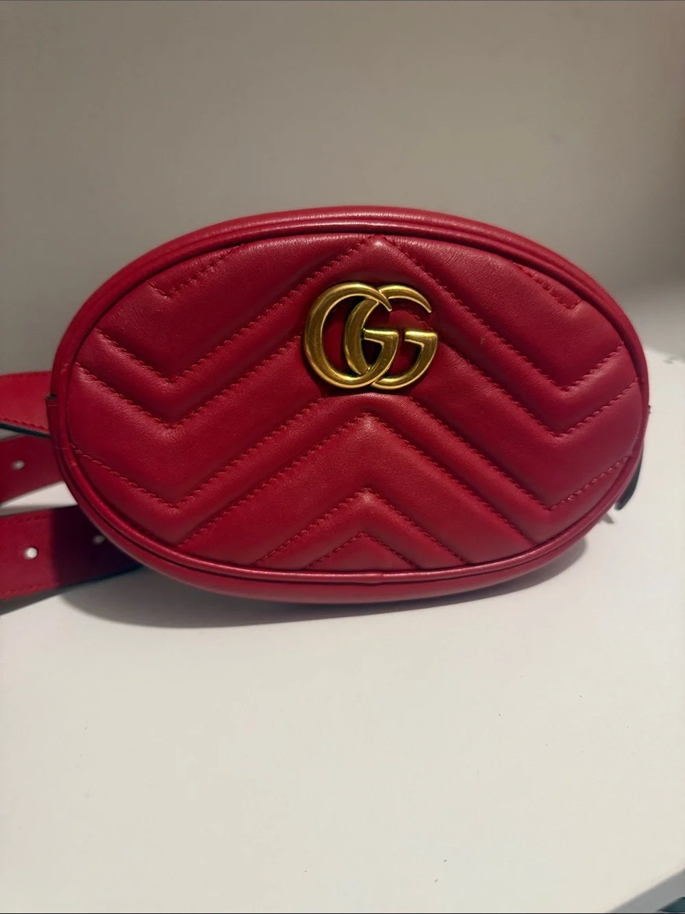 Gucci Red GG Marmont Quilted Oval Belt Bag with Gold Hardware
